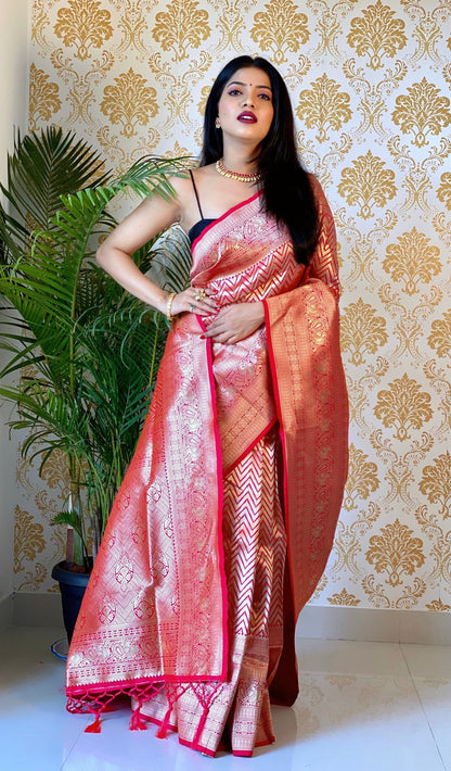 Red Color Zari Golden Weaving Rich Saree
