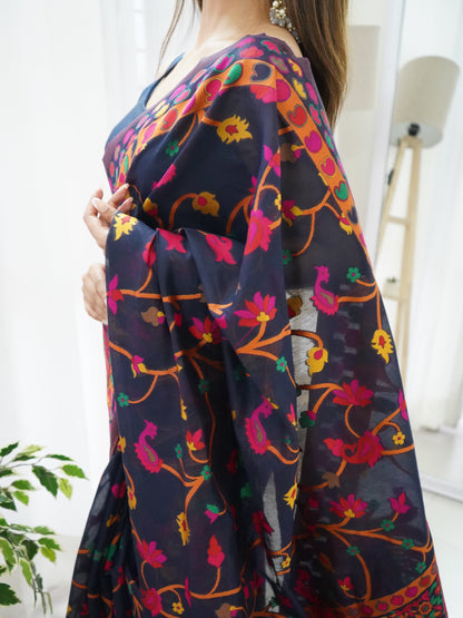 Navy Blue -Colored Floral Print Pashmina Cotton Saree