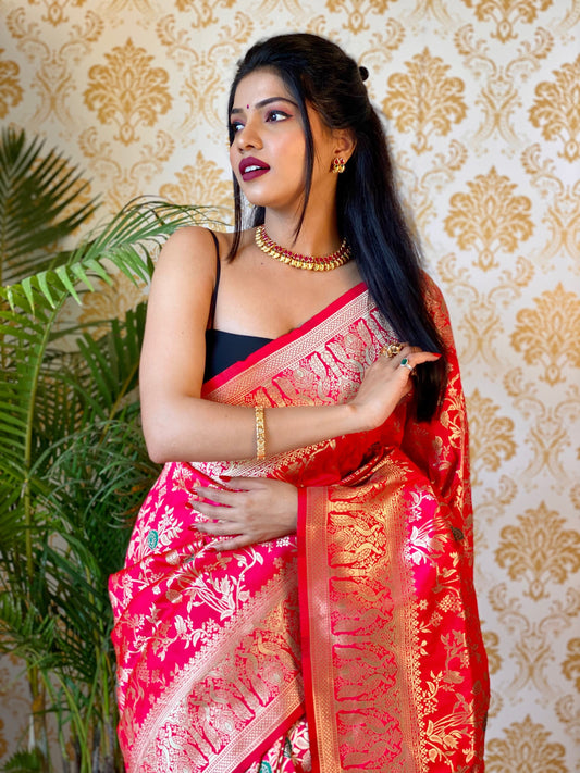 Pink Color Zari Golden Weaving Rich Saree