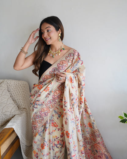 Cream-Colored Floral Print Pashmina Cotton Saree