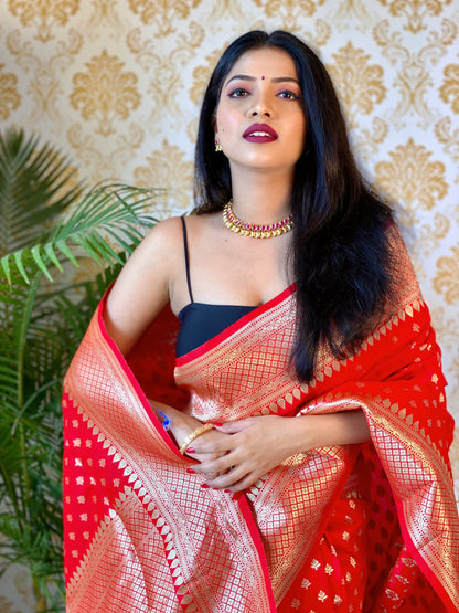 Red Color Zari Golden Weaving Rich Saree