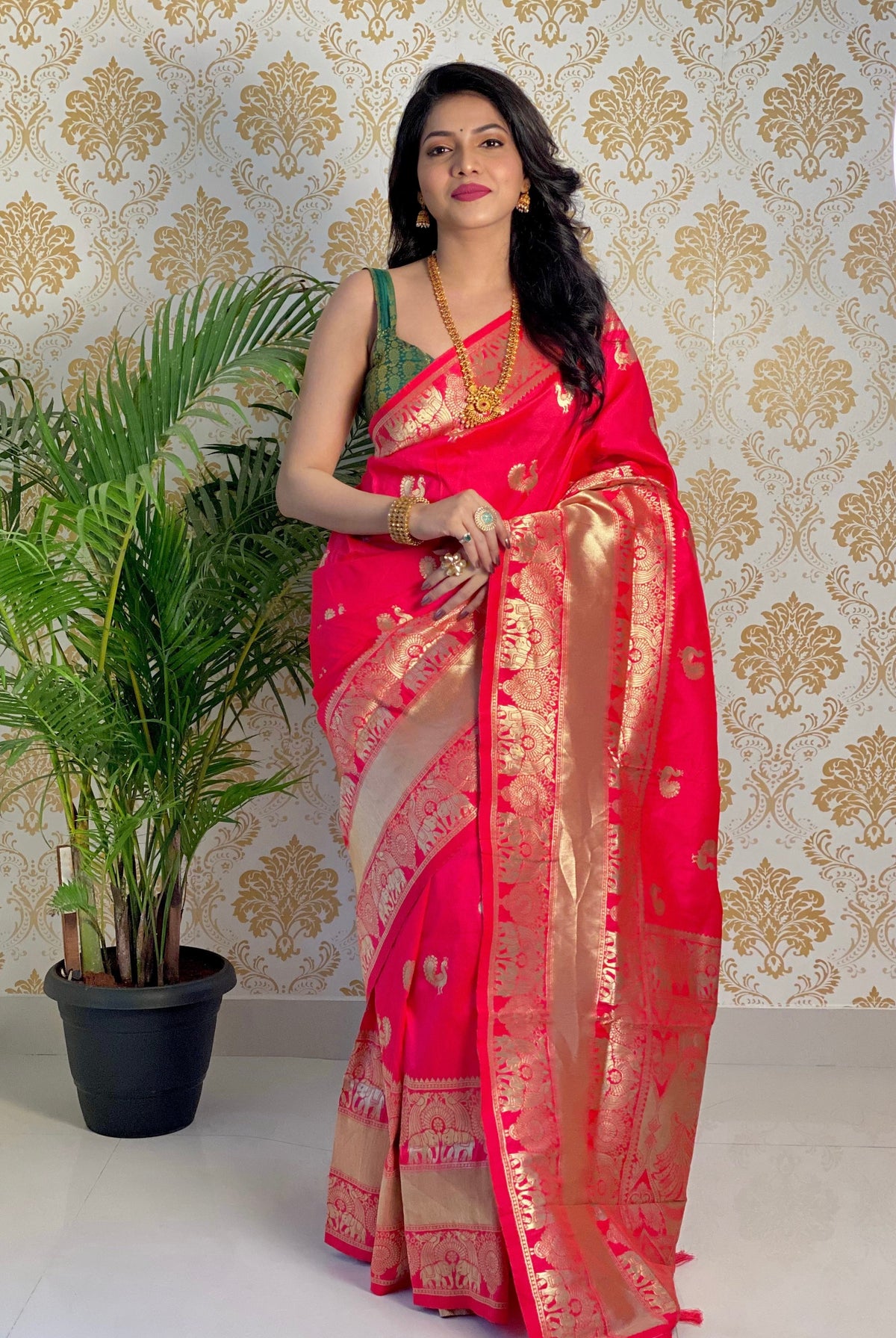 Coral Pink Color Zari Golden Weaving Rich Saree