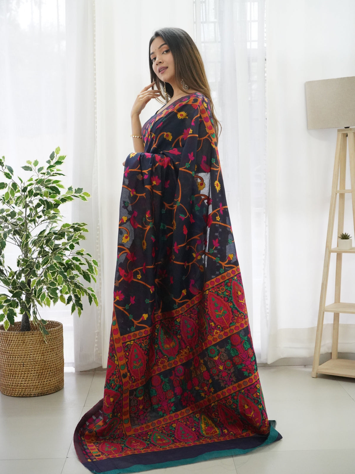 Navy Blue -Colored Floral Print Pashmina Cotton Saree
