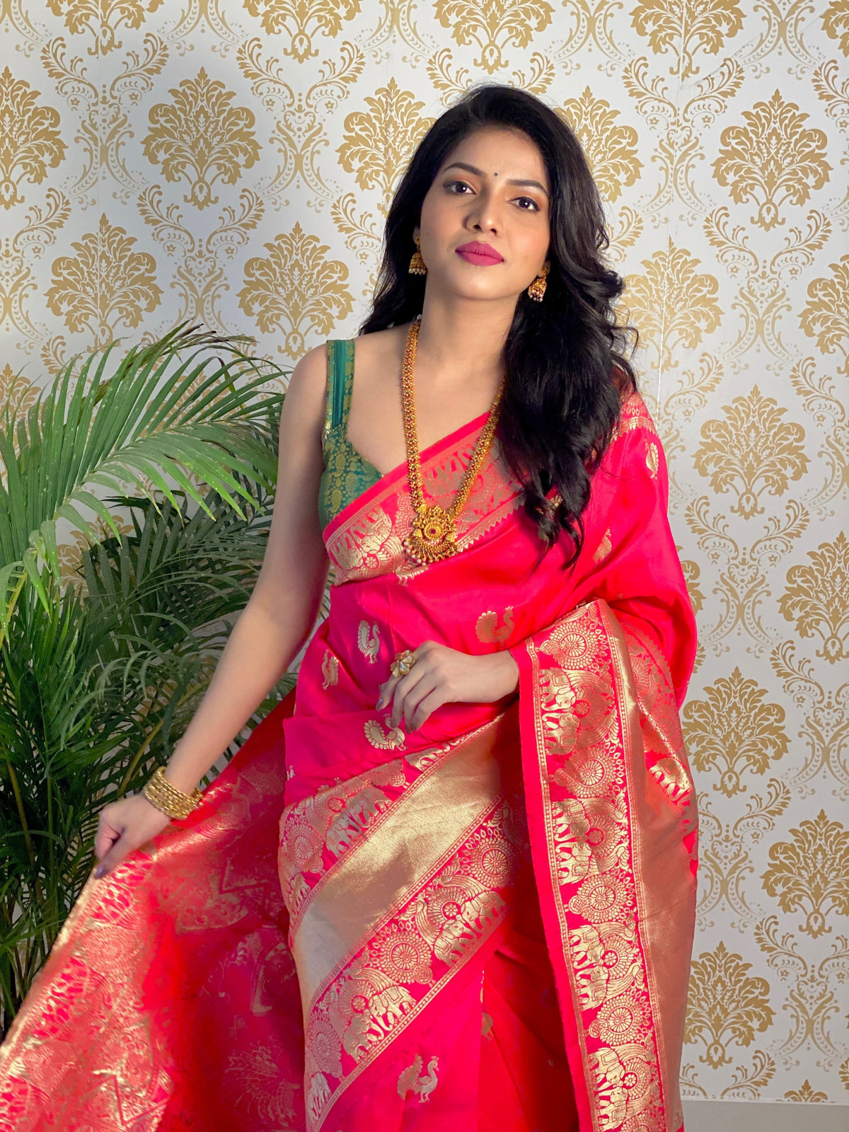 Coral Pink Color Zari Golden Weaving Rich Saree