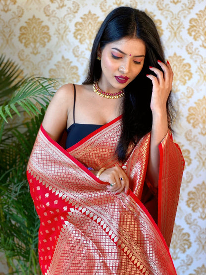 Red Color Zari Golden Weaving Rich Saree