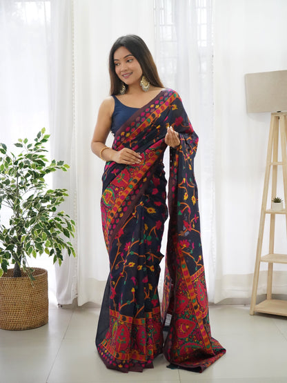 Navy Blue -Colored Floral Print Pashmina Cotton Saree