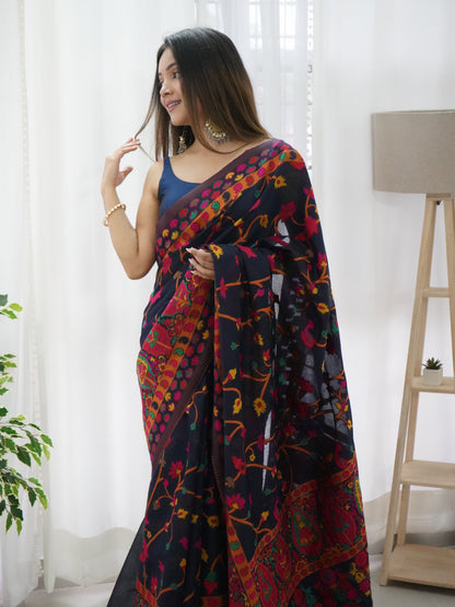Navy Blue -Colored Floral Print Pashmina Cotton Saree