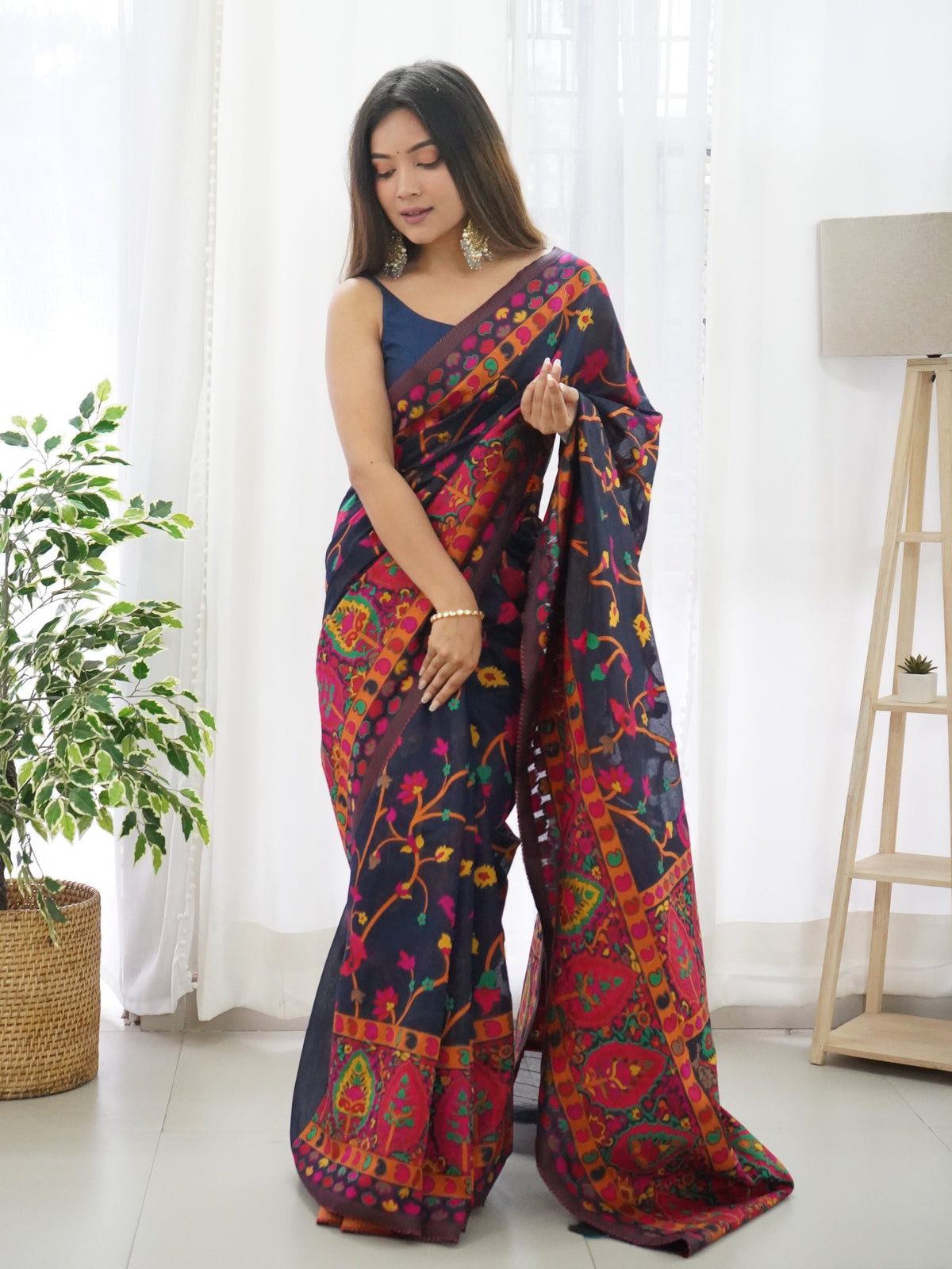 Navy Blue -Colored Floral Print Pashmina Cotton Saree