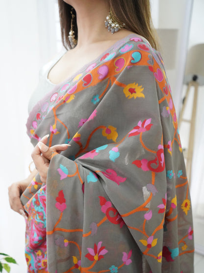 Grey-Colored Floral Print Pashmina Cotton Saree