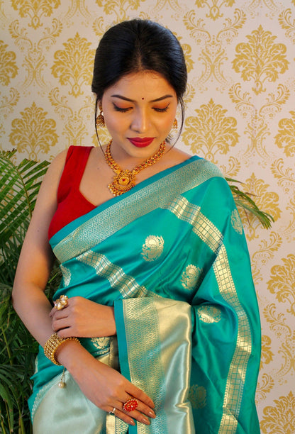 Turquoise Color Zari Golden Weaving Rich Saree