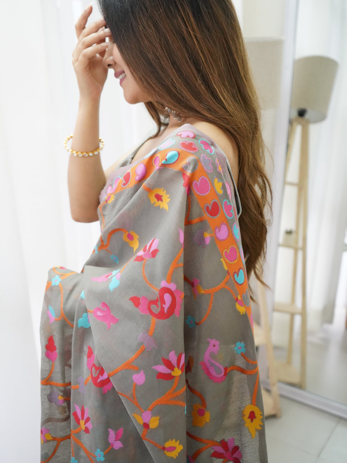 Grey-Colored Floral Print Pashmina Cotton Saree