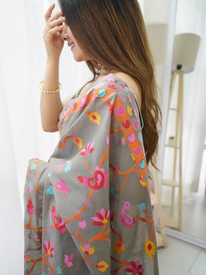 Grey-Colored Floral Print Pashmina Cotton Saree