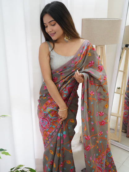 Grey-Colored Floral Print Pashmina Cotton Saree