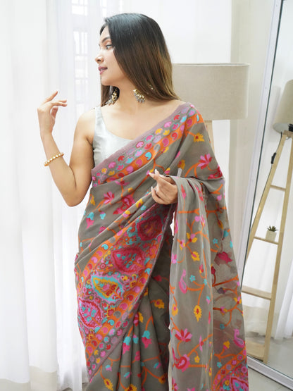 Grey-Colored Floral Print Pashmina Cotton Saree