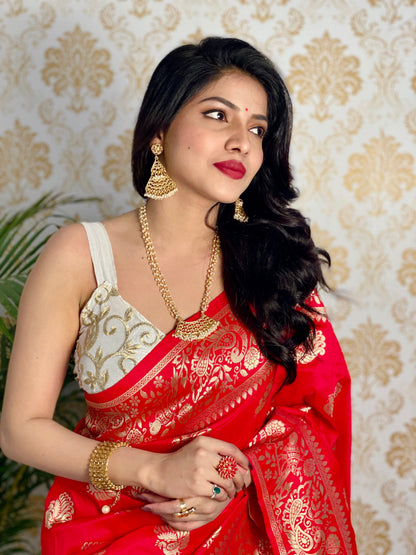 Red Color Zari Golden Weaving Rich Saree