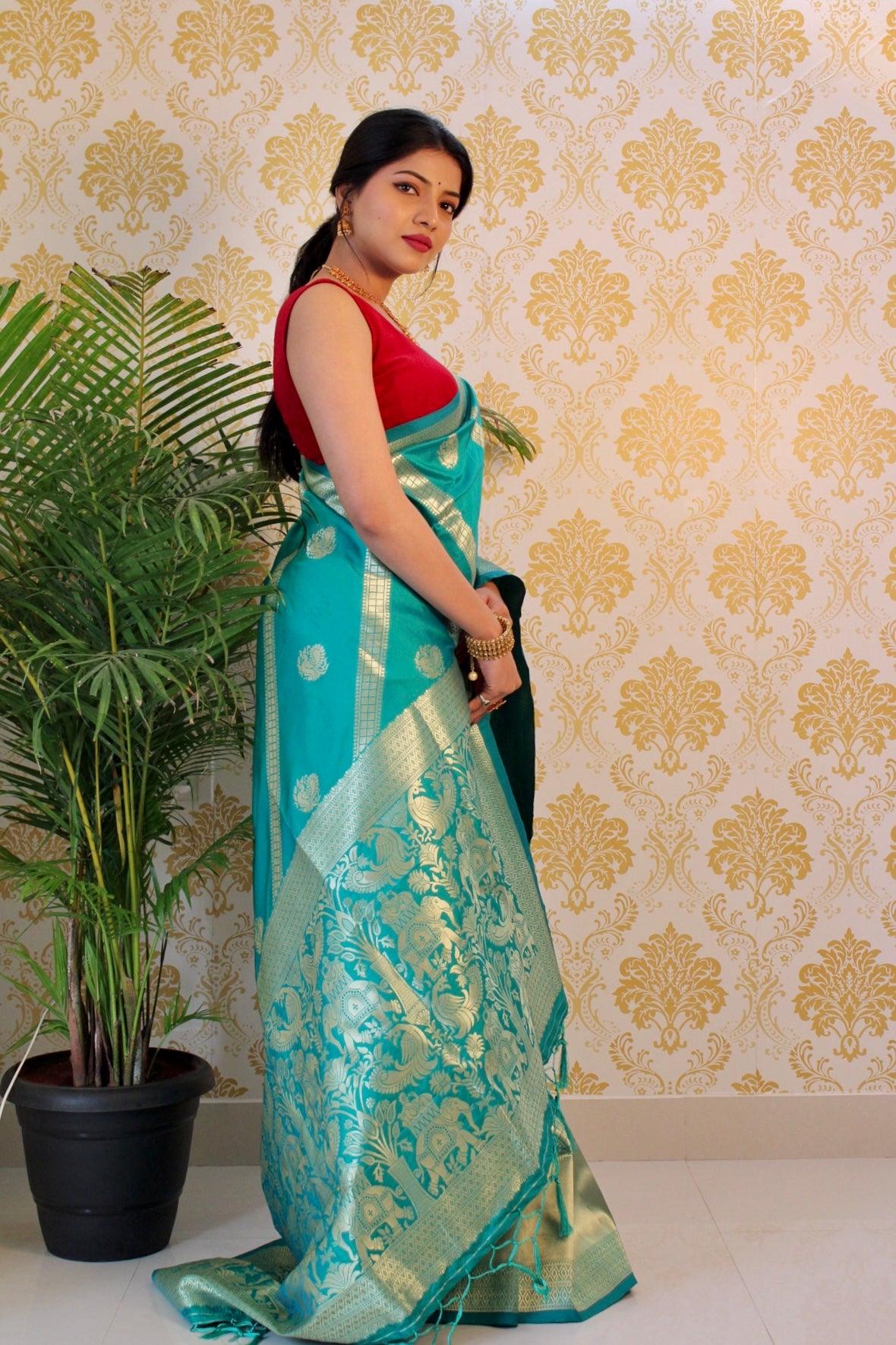 Turquoise Color Zari Golden Weaving Rich Saree