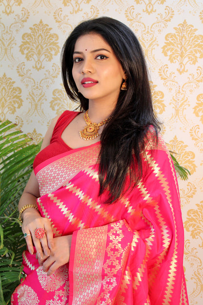 Pink color Zari Golden Weaving Rich Saree