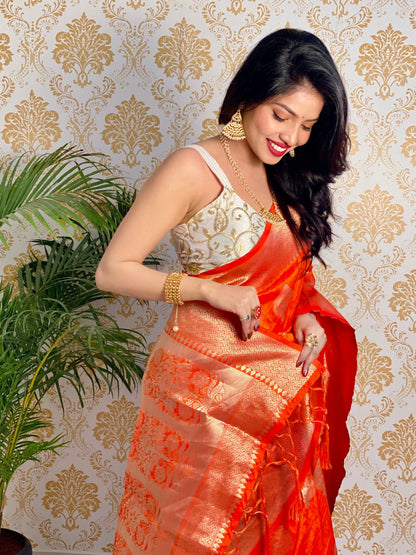 Orange Zari Golden Weaving Rich Saree