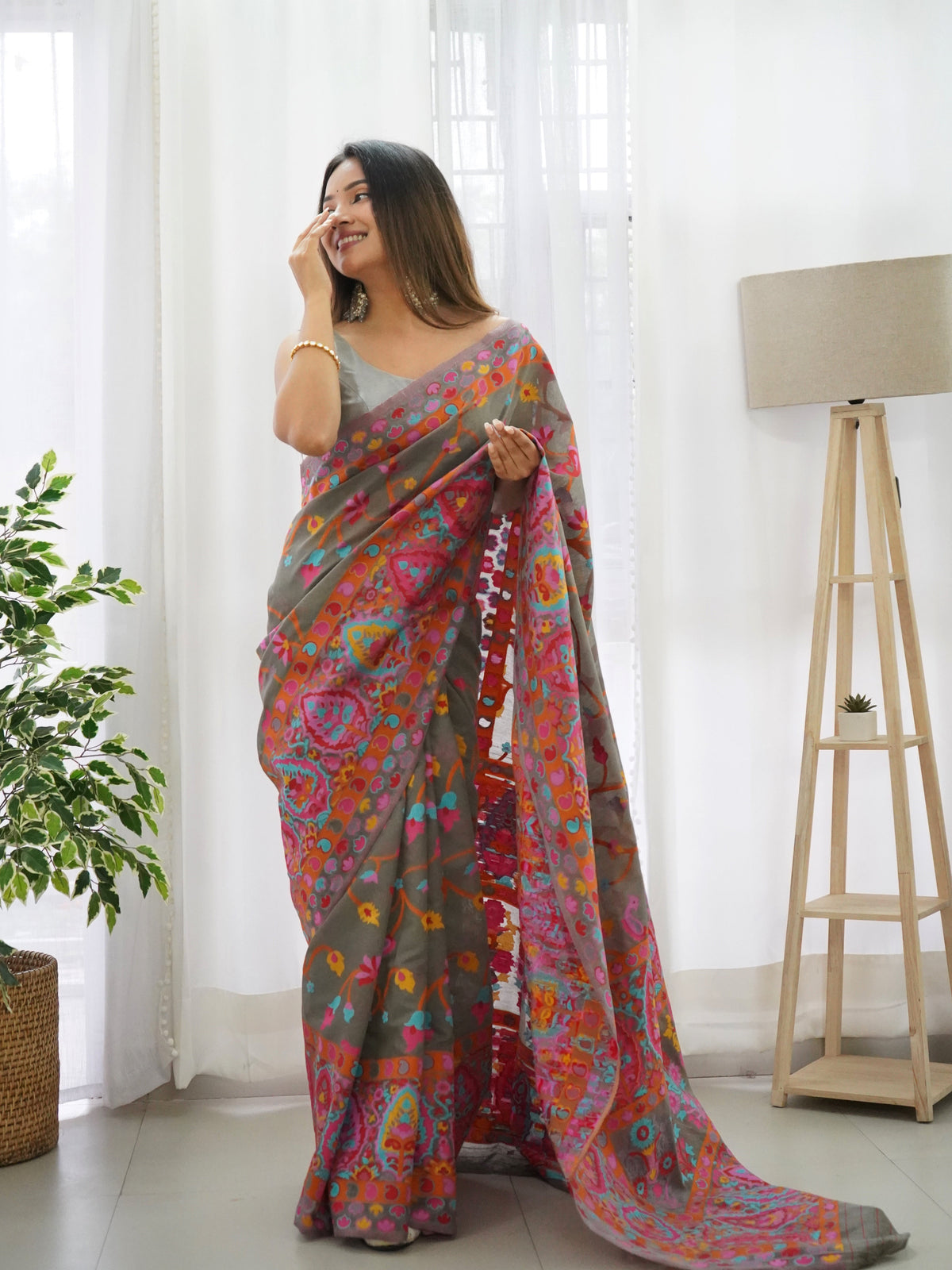 Grey-Colored Floral Print Pashmina Cotton Saree