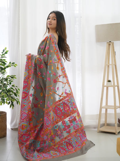 Grey-Colored Floral Print Pashmina Cotton Saree