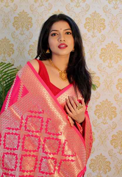 Pink color Zari Golden Weaving Rich Saree