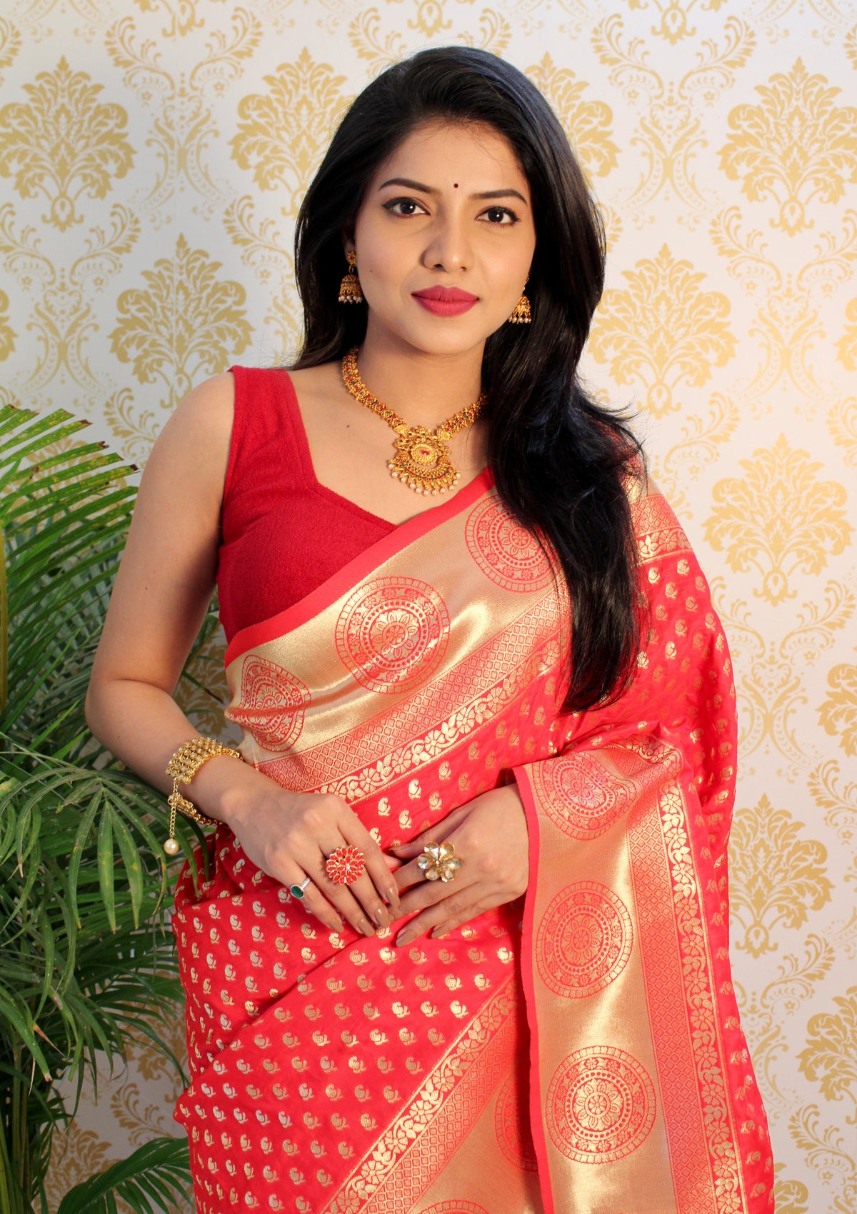 Coral Pink Color Zari Golden Weaving Rich Saree