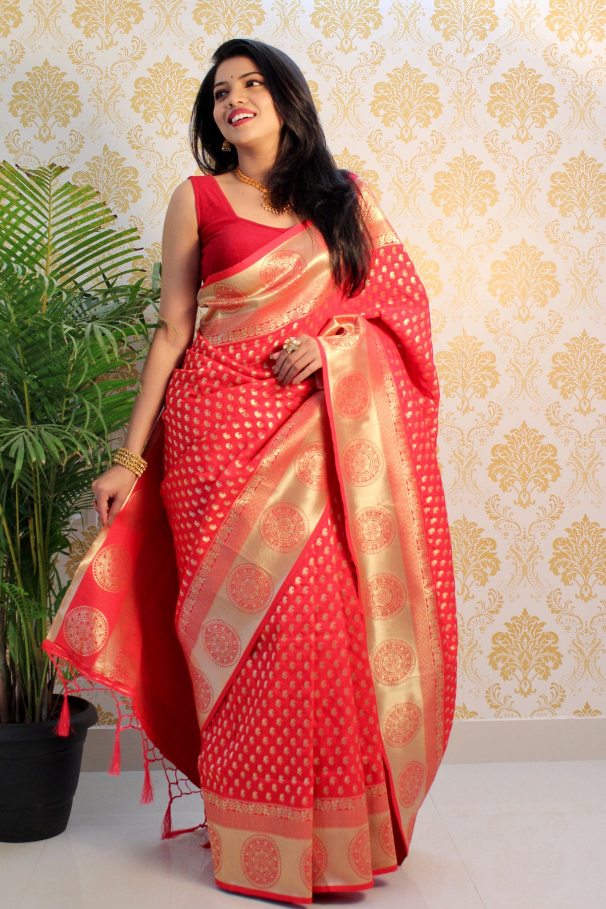 Coral Pink Color Zari Golden Weaving Rich Saree