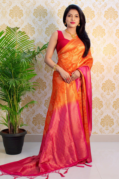 Orange and Pink  color Zari Golden Weaving Rich Saree