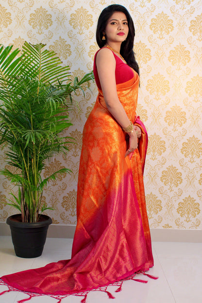 Orange and Pink  color Zari Golden Weaving Rich Saree