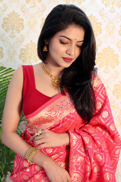 Pink Color Zari Golden Weaving Rich Saree
