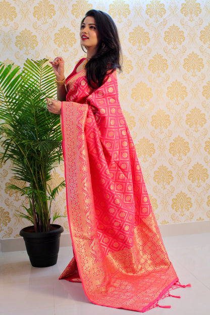 Pink Color Zari Golden Weaving Rich Saree