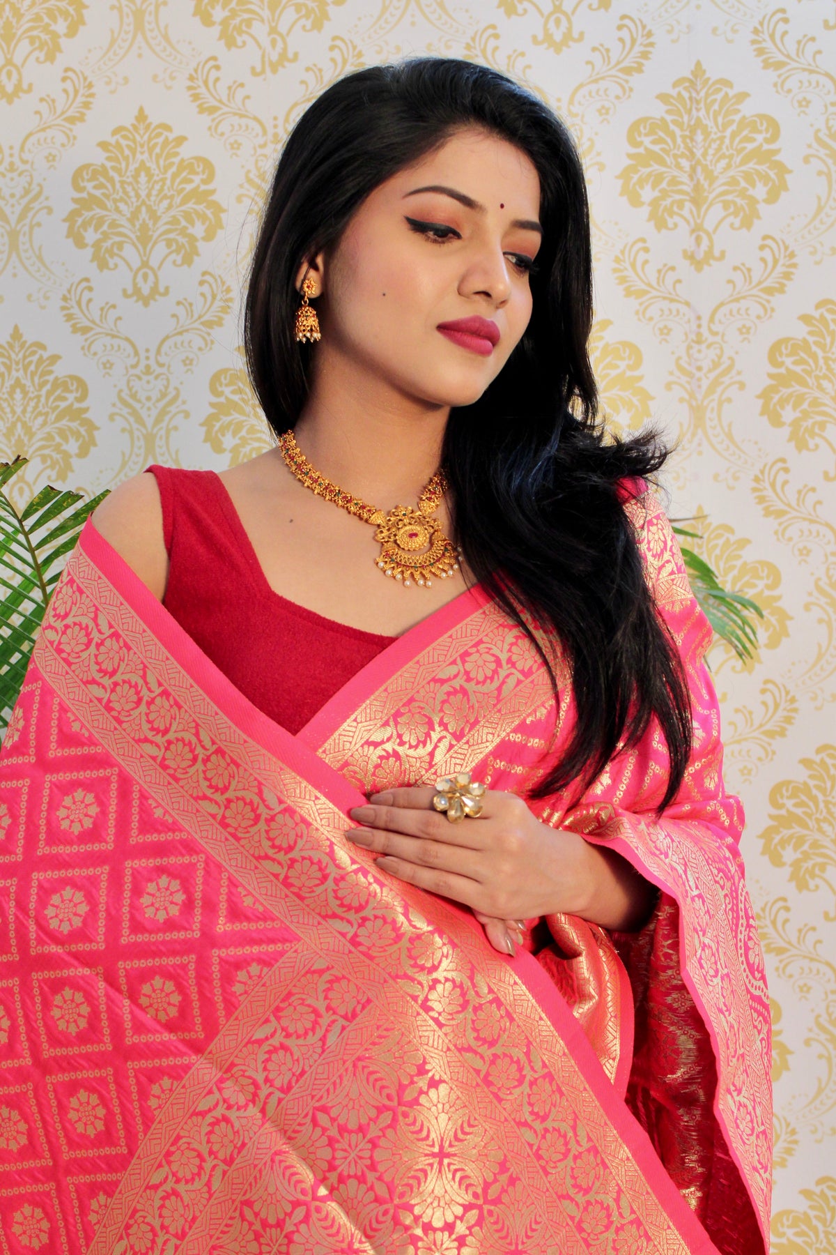 Pink Color Zari Golden Weaving Rich Saree