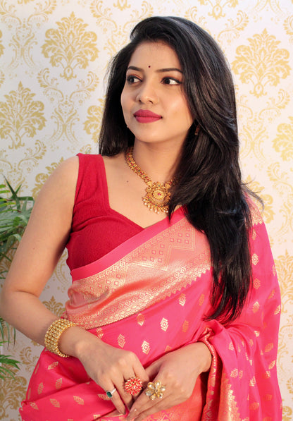Pink Color Zari Golden Weaving Rich Saree