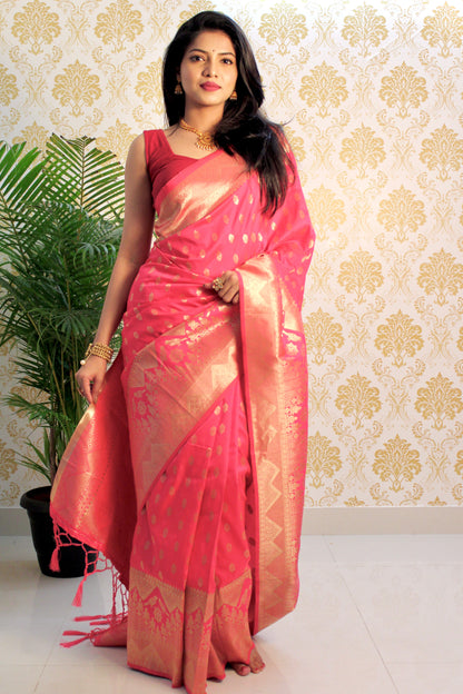 Pink Color Zari Golden Weaving Rich Saree