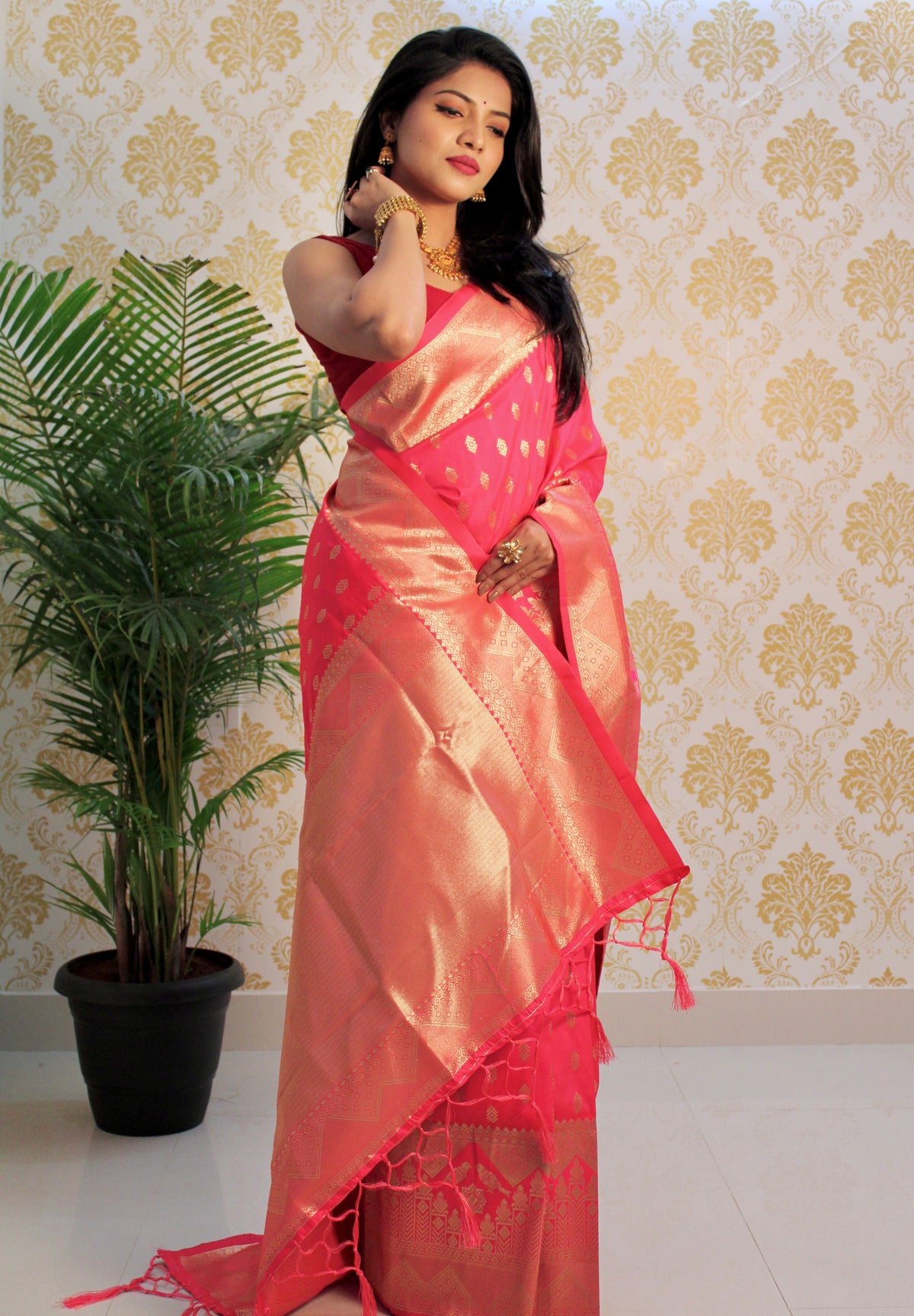 Pink Color Zari Golden Weaving Rich Saree