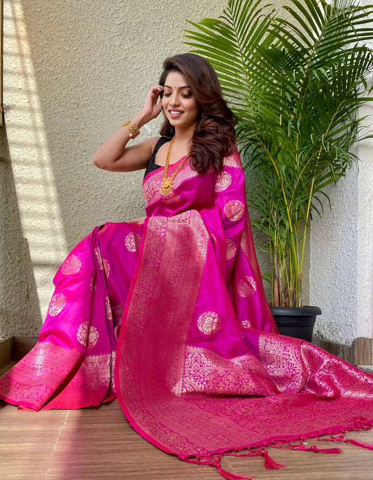 Pink  color Zari Golden Weaving Rich Saree