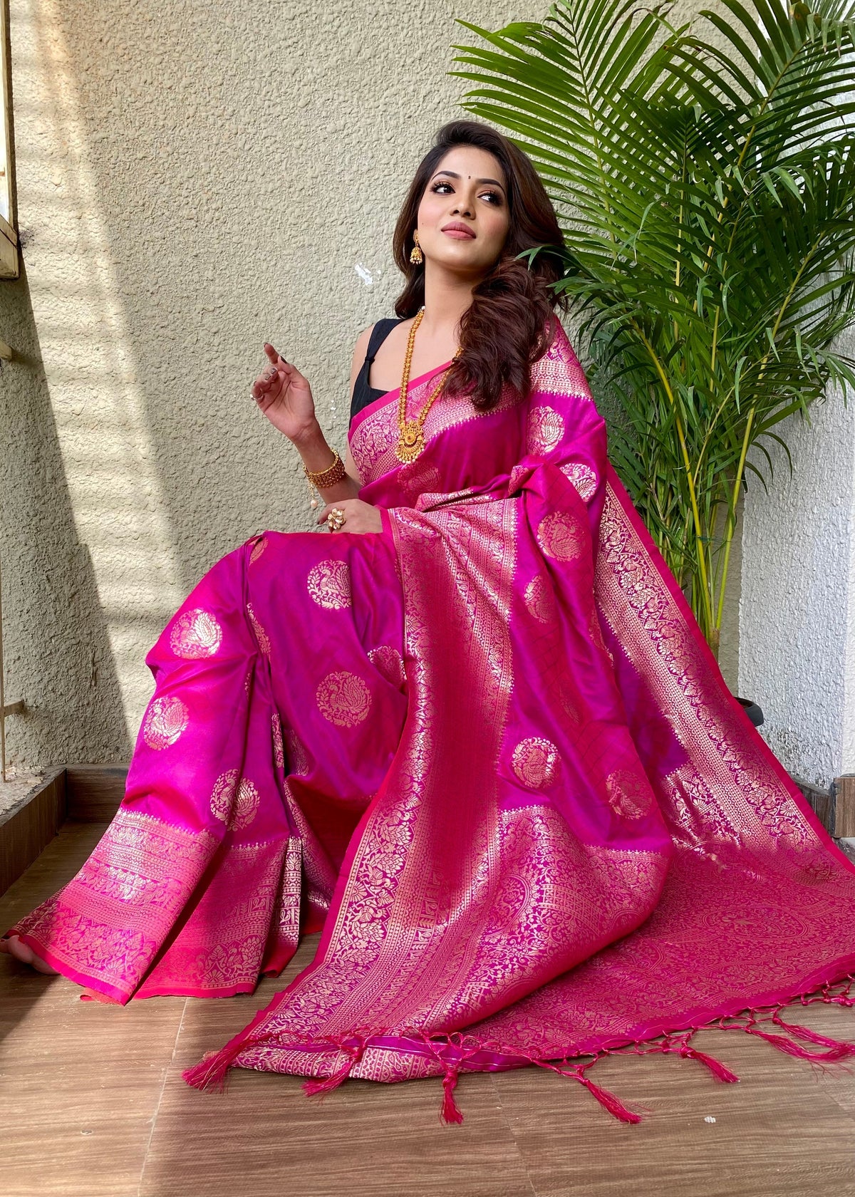Pink  color Zari Golden Weaving Rich Saree