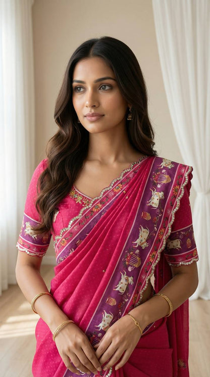 Royal Pink Aari Mirror Foil Work Printed Chinon Saree with Running Blouse