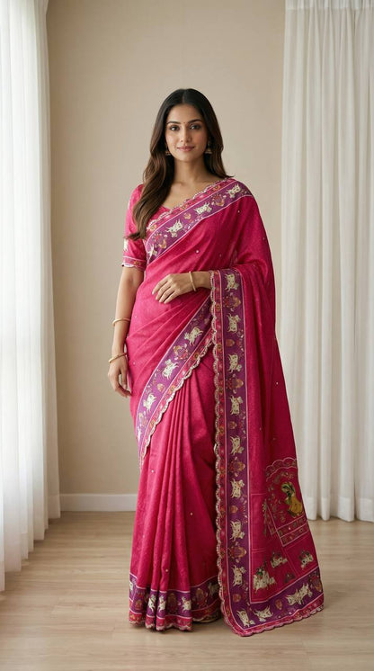 Royal Pink Aari Mirror Foil Work Printed Chinon Saree with Running Blouse