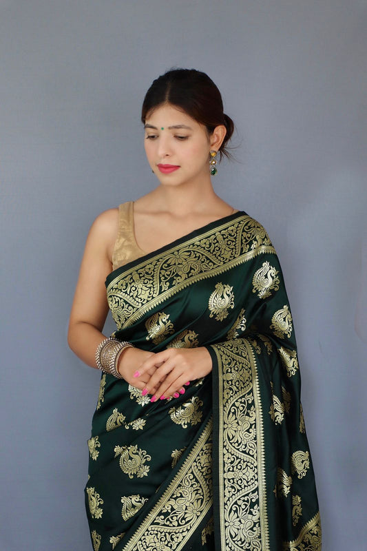Bottle Green Color Zari Golden Weaving Rich Saree