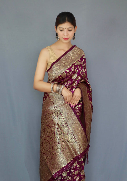 Purple Color Zari Golden Weaving Rich Saree