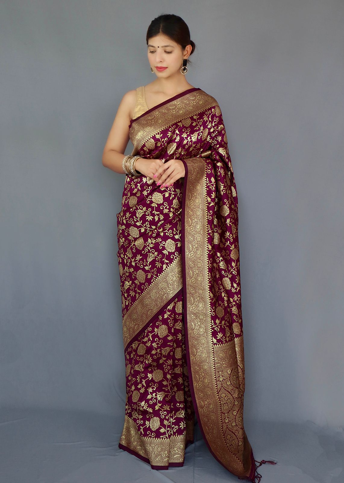 Purple Color Zari Golden Weaving Rich Saree